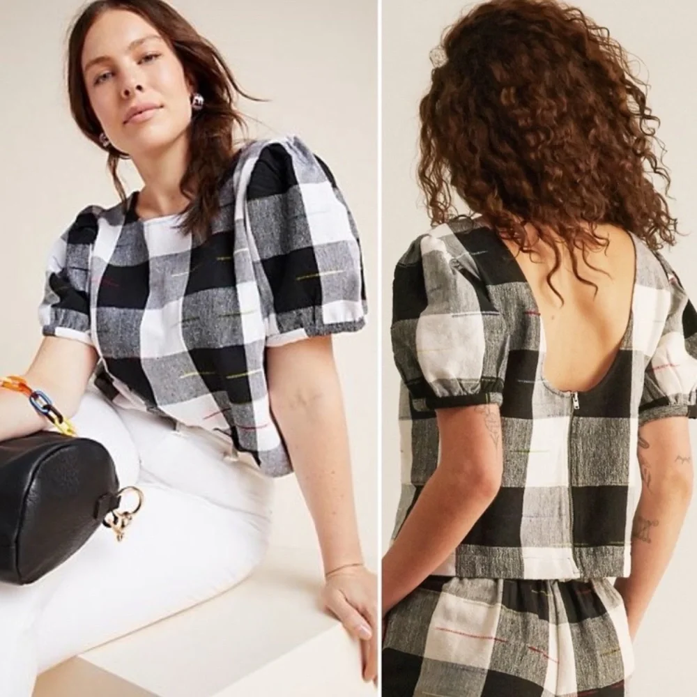 Anthro The Odells Top Gingham Buffalo Check Puff Sleeve Cotton Canvas Blouse XS
